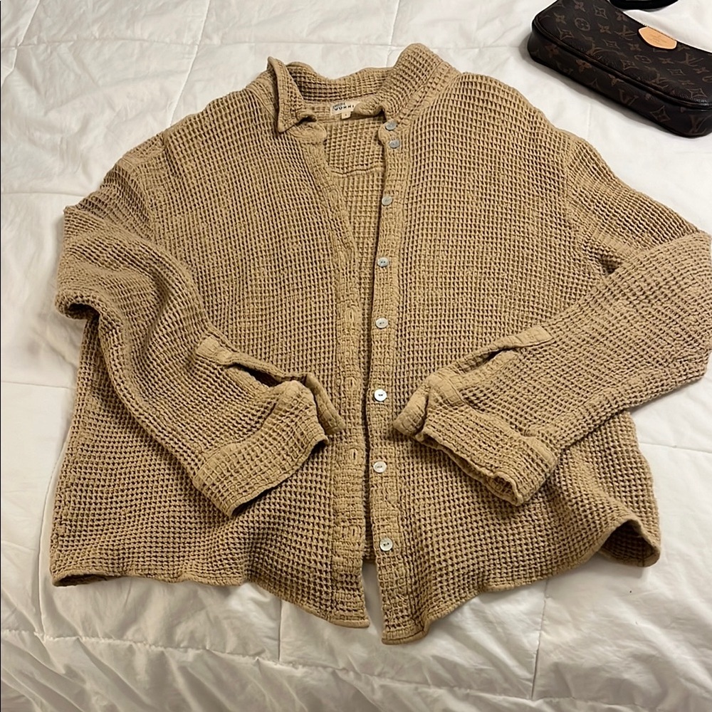 DONNI. Tan Knit Button-Up Cardigan L